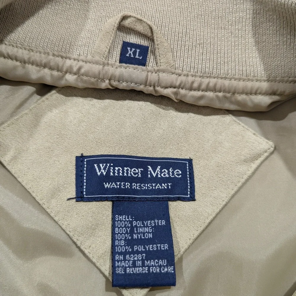 Winner Mate Tan Faux Suede Bomber Jacket Mens XL‎ Water Resistant Full Zip Beige